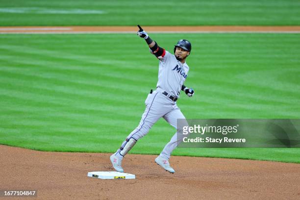 Luis Arraez of the Miami Marlins runs the bases following a home run against the Milwaukee Brewers during the first inning at American Family Field...