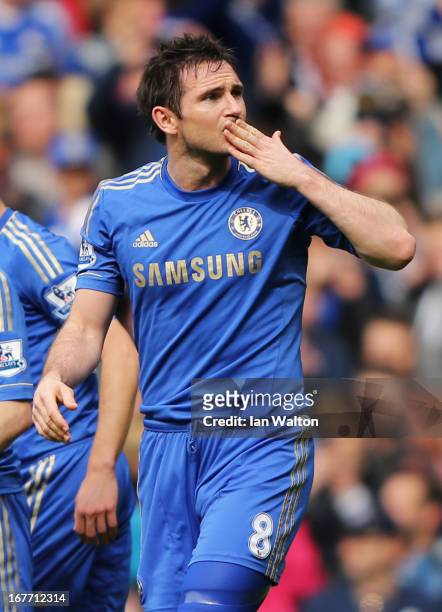Frank Lampard of Chelsea celebrates as he scores their second goal from the penalty spot during the Barclays Premier League match between Chelsea and...