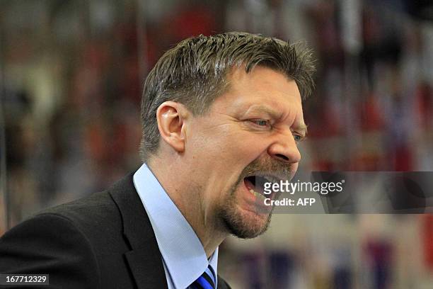 Finland's head coach Jukka Jalonen reacts during the ice hockey match Sweden-Finland at the Czech hockey games, the last of the four Euro Hockey Tour...