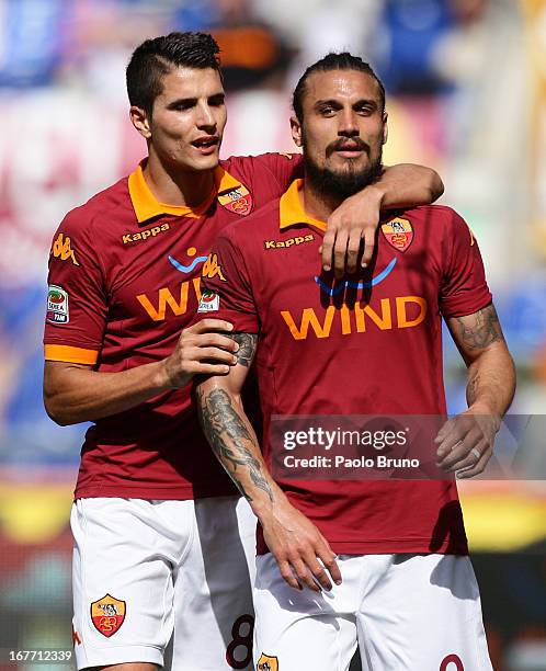 Daniel Pablo Osvaldo with his teammate Erik Lamela of AS Roma celebrates after scoring the fourth team's goal during the Serie A match between AS...