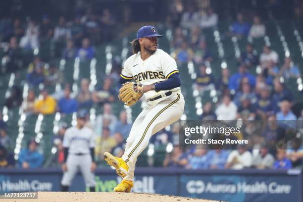 Freddy Peralta of the Milwaukee Brewers throws a pitch during the sixth inning against the Miami Marlins at American Family Field on September 12,...