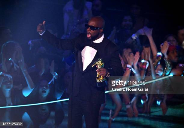 Wyclef Jean speaks onstage during the 2023 MTV Video Music Awards at Prudential Center on September 12, 2023 in Newark, New Jersey.