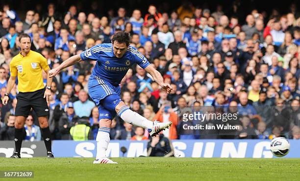 Frank Lampard of Chelsea scores their second goal from the penalty spot during the Barclays Premier League match between Chelsea and Swansea City at...