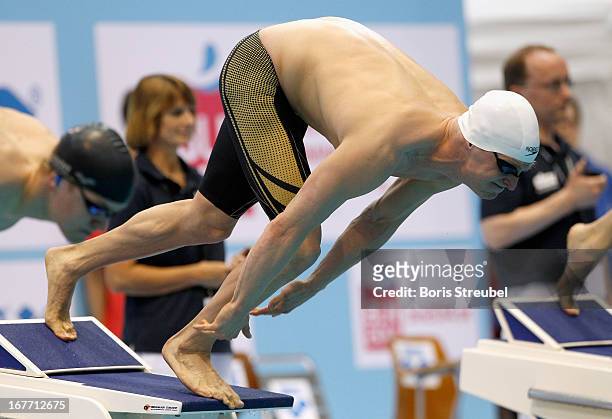 Steffen Deibler of Hamburger SC starts in the men's 100 m butterfly A final during day three of the German Swimming Championship 2013 at the...