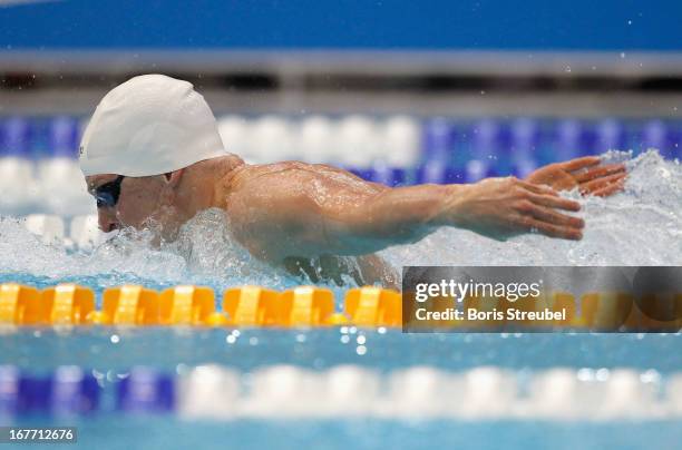 Steffen Deibler of Hamburger SC competes in the men's 100 m butterfly A final during day three of the German Swimming Championship 2013 at the...