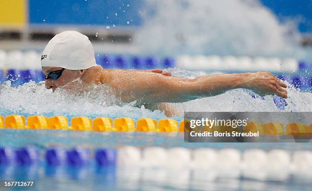 Steffen Deibler of Hamburger SC competes in the men's 100 m butterfly A final during day three of the German Swimming Championship 2013 at the...