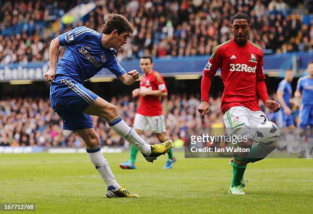 Oscar of Chelsea in action during the Barclays Premier League match between Chelsea and Swansea City at Stamford Bridge on April 28, 2013 in London,...