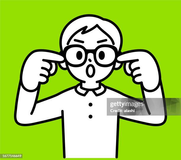 a boy wearing horn-rimmed glasses with his forefingers in his ears, hearing no evil, looking at the viewer, no fake news, minimalist style, black and white outline - fingers in ears stock illustrations