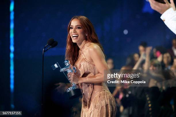 Anitta accepts the Best Latin award for "Funk Rave" onstage during the 2023 MTV Video Music Awards at Prudential Center on September 12, 2023 in...