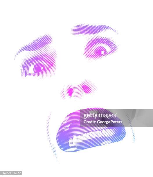 high key image of woman's eyes and mouth with shocked expression - adults acting childish stock illustrations