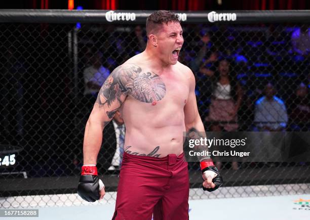 Jhonata Diniz of Brazil reacts after his knockout victory over Eduardo Neves of Brazil in a heavyweight fight during Dana White's Contender Series...