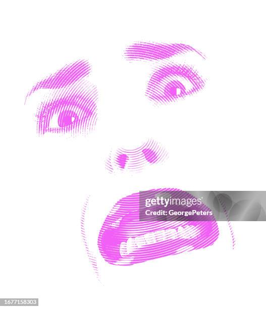 high key image of woman's eyes and mouth with shocked expression - adults acting childish stock illustrations