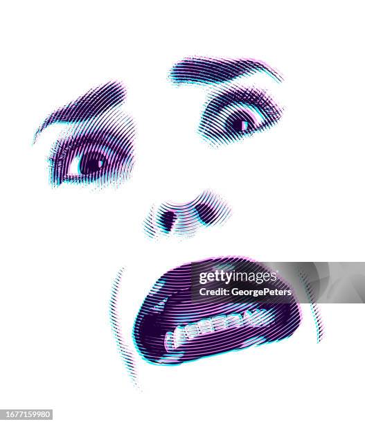 high key image of woman's eyes and mouth with shocked expression and glitch technique - adults acting childish stock illustrations