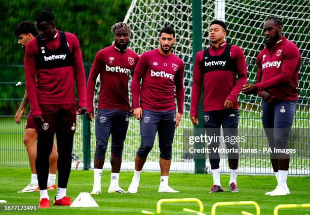 Jesse Lingard trains with West Ham United's Michail Antonio , Said Benrahma and Maxwel Cornet at the Rush Green Training Centre, London. Picture...