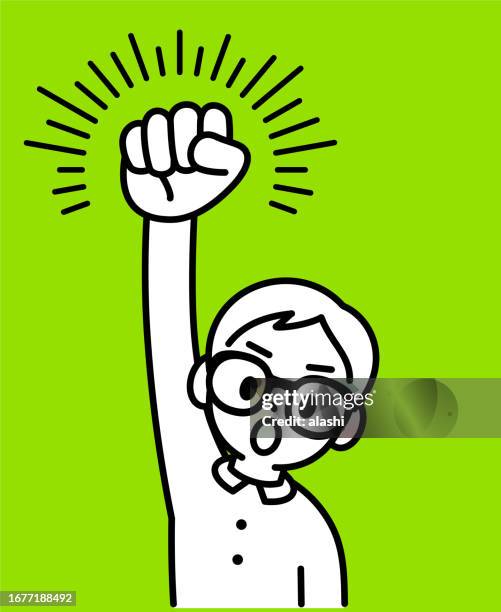 ein fleißiger junge mit hornbrille hebt protestierend die rechte faust und schaut den betrachter an, minimalistischer stil, schwarz-weiße umrisse - kinderarbeit stock-grafiken, -clipart, -cartoons und -symbole