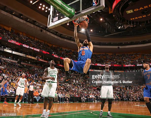 Tyson Chandler of the New York Knicks dunks while playing the Boston Celtics in Game Four of the Eastern Conference Quarterfinals during the 2013 NBA...