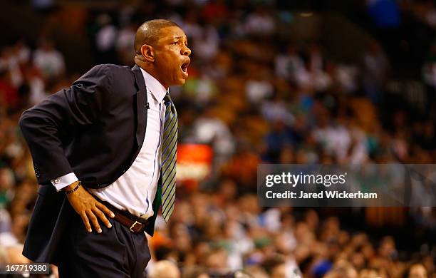 Head coach Doc Rivers of the Boston Celtics yells to his team during Game Four of the Eastern Conference Quarterfinals of the 2013 NBA Playoffs...