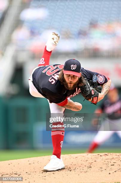 Trevor Williams of the Washington Nationals pitches against the Los Angeles Dodgers at Nationals Park on September 10, 2023 in Washington, DC.