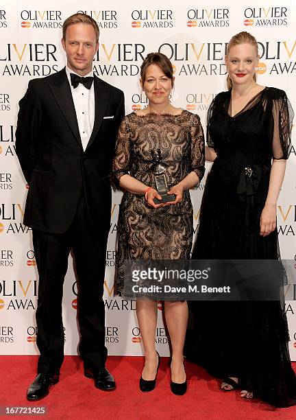 Rupert Penry Jones, Nicola Walker, winner of Best Actress in a Supporting Role, and Romola Garai pose in the press room at The Laurence Olivier...