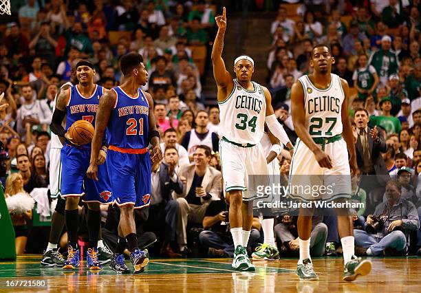 Paul Pierce of the Boston Celtics celebrates and gestures after a defensive stop against the New York Knicks during Game Four of the Eastern...