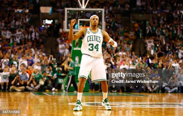 Paul Pierce of the Boston Celtics celebrates after making a shot at the end of the second quarter against the New York Knicks during Game Four of the...