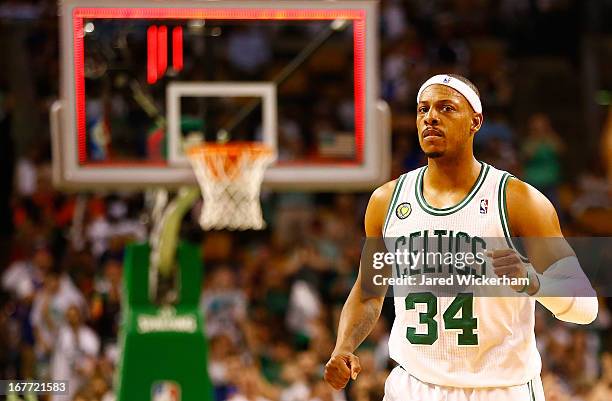 Paul Pierce of the Boston Celtics celebrates after making a shot at the end of the second quarter against the New York Knicks during Game Four of the...