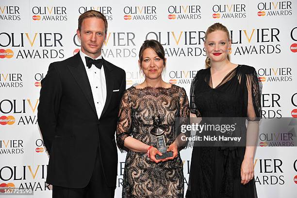 Rupert Penry-Jones, award winner Nicola Walker and Romola Garai attend The Laurence Olivier Awards at The Royal Opera House on April 28, 2013 in...