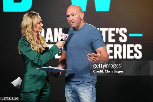 Dana White announces the contract winners during Dana White's Contender Series season seven, week six at UFC APEX on September 12, 2023 in Las Vegas,...