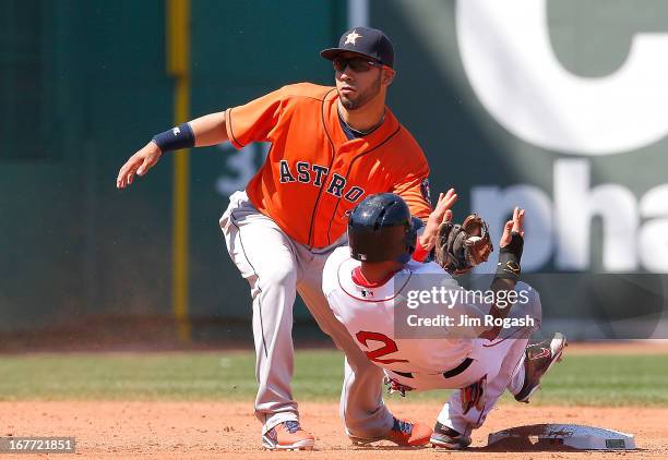 Marwin Gonzalez of the Houston Astros tags out Jacoby Ellsbury of the Boston Red Sox in a steal attempt in the 3rd inning during a game with the...