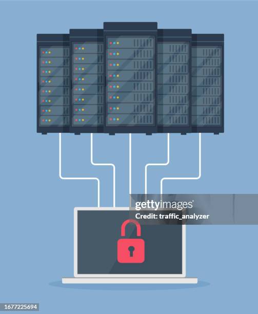laptop connected to servers - developer screen stock illustrations