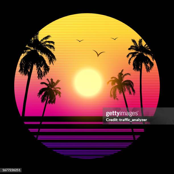 synthwave retro background - palm trees - sun flare trees stock illustrations