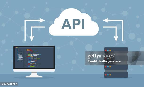 stockillustraties, clipart, cartoons en iconen met laptop connected to server through api - application programming interface