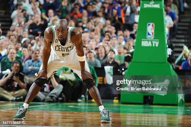 Kevin Garnett of the Boston Celtics waits for the play against the New York Knicks during Game Four of the Eastern Conference Quarterfinals on April...