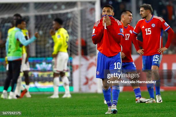 Alexis Sanchez of Chile reacts after a FIFA World Cup 2026 Qualifier match between Chile and Colombia at Estadio Monumental David Arellano on...