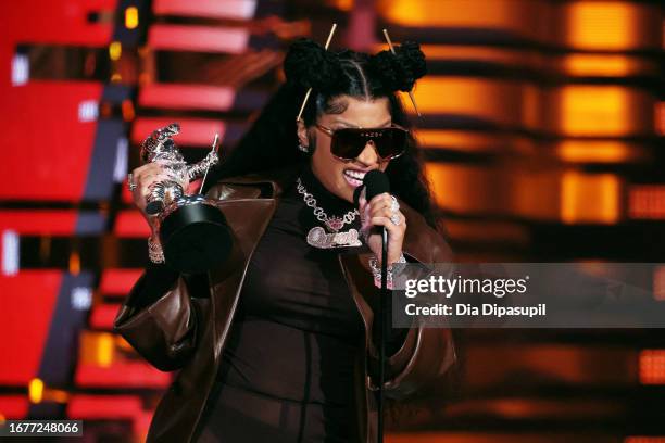 Nicki Minaj accepts the Best Hip Hop award for "Super Freaky Girl" onstage at the 2023 MTV Video Music Awards on September 12, 2023 in Newark, New...