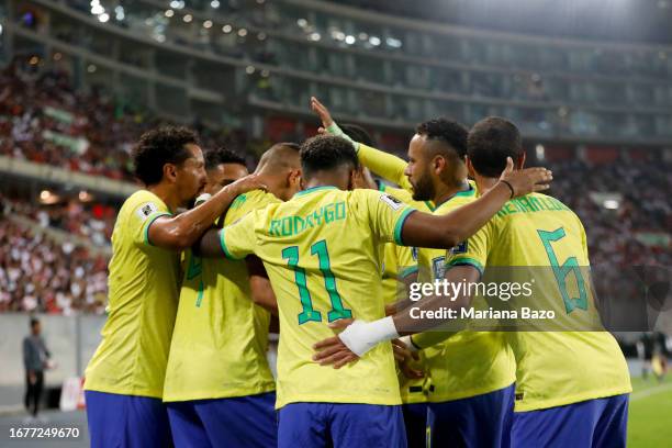 Richarlison of Brazil celebrates a goal ultimately cancelled with teammates during a FIFA World Cup 2026 Qualifier match between Peru and Brazil at...