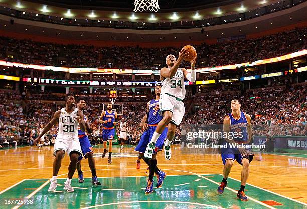 Paul Pierce of the Boston Celtics drives to the basket for a layup against the New York Knicks during Game Four of the Eastern Conference...
