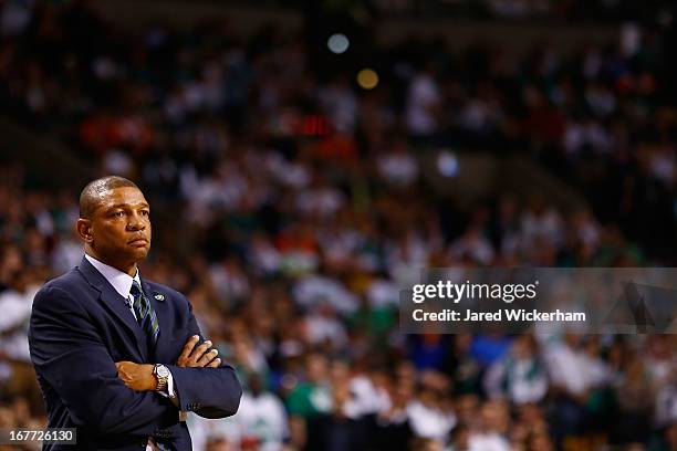 Head coach Doc Rivers of the Boston Celtics watches his team play against the New York Knicks during Game Four of the Eastern Conference...