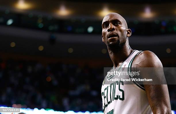 Kevin Garnett of the Boston Celtics reacts following their overtime win against the New York Knicks during Game Four of the Eastern Conference...