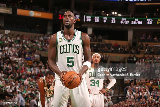 Kevin Garnett of the Boston Celtics while playing the New York Knicks in Game Four of the Eastern Conference Quarterfinals during the 2013 NBA...