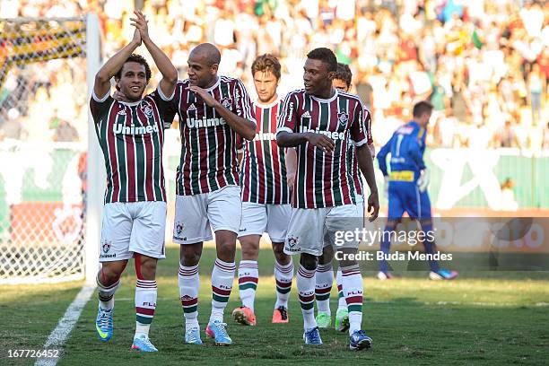 Wellington Nem, Carlinhos, Rhayner of Fluminense celebrates a scored goal during the match between Fluminense and Volta Redonda as part of Rio State...