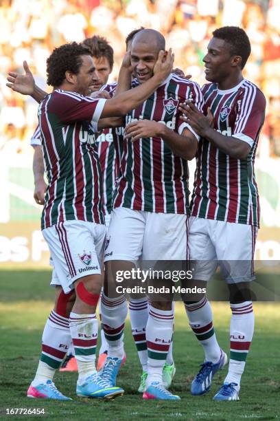 Wellington Nem, Carlinhos, Rhayner of Fluminense celebrates a scored goal during the match between Fluminense and Volta Redonda as part of Rio State...