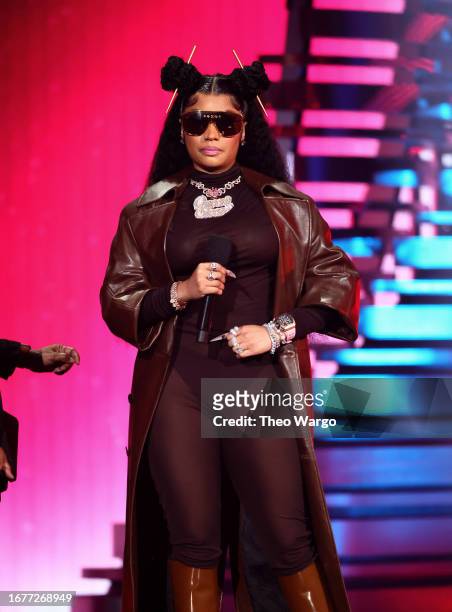 Nicki Minaj speaks onstage during the 2023 MTV Video Music Awards at Prudential Center on September 12, 2023 in Newark, New Jersey.
