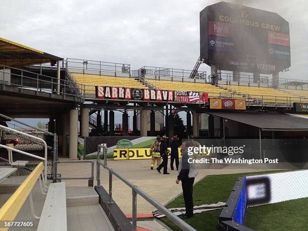 Fire broke out in the speaker system of Columbus Crew Stadium scoreboard about 30 minutes before kickoff, Columbus, Ohio on April 27, 2013.
