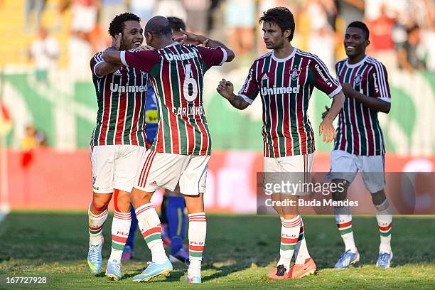 Wellington Nem, Carlinhos, Rafael Sobis and Rhayner of Fluminense celebrates a scored goal during the match between Fluminense and Volta Redonda as...
