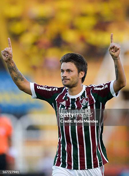 Rafael Sobis of Fluminense celebrates a scored goal during the match between Fluminense and Volta Redonda as part of Rio State Championship 2013 at...