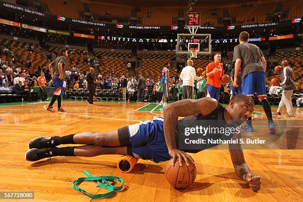 Amar'e Stoudemire of the New York Knicks warms up prior to the Game Four of the Eastern Conference Quarterfinals between the New York Knicks and the...