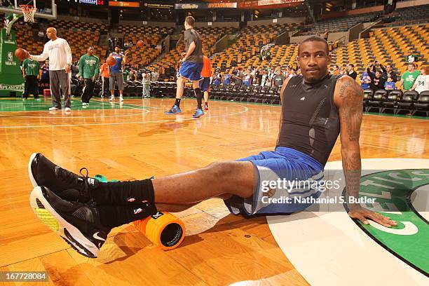 Amar'e Stoudemire of the New York Knicks warms up prior to the Game Four of the Eastern Conference Quarterfinals between the New York Knicks and the...