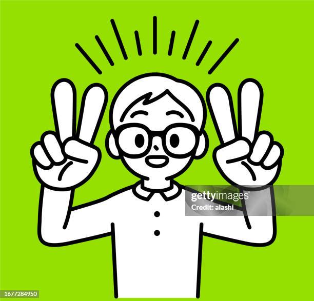 a studious boy with horn-rimmed glasses shows a v sign gesture with both hands, looking at the viewer, minimalist style, black and white outline, victory of knowledge, the power of education, celebrating success - bunny ears stock illustrations