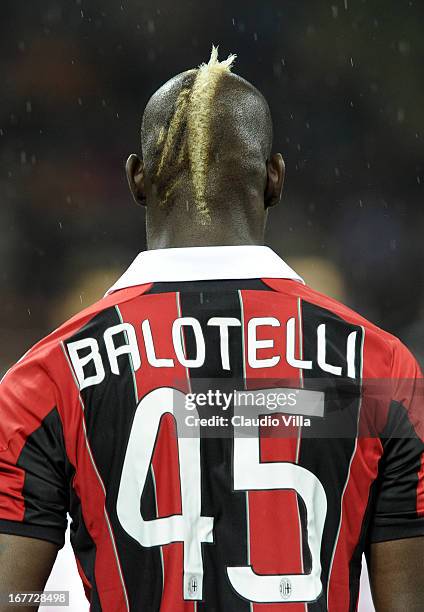 Mario Balotelli of AC Milan during the Serie A match between AC Milan and Calcio Catania at San Siro Stadium on April 28, 2013 in Milan, Italy.